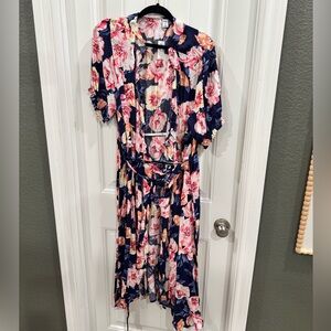 Old Navy Floral Midi Dress 2X Plus Navy Pink Short Sleeve Tie Waist NWT